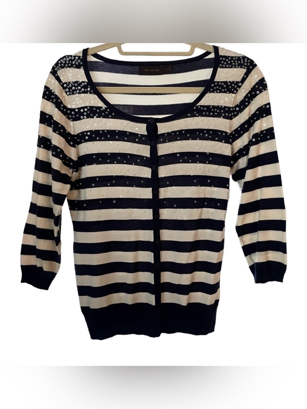 The Limited Navy & White Striped Cardigan w/ Sequins